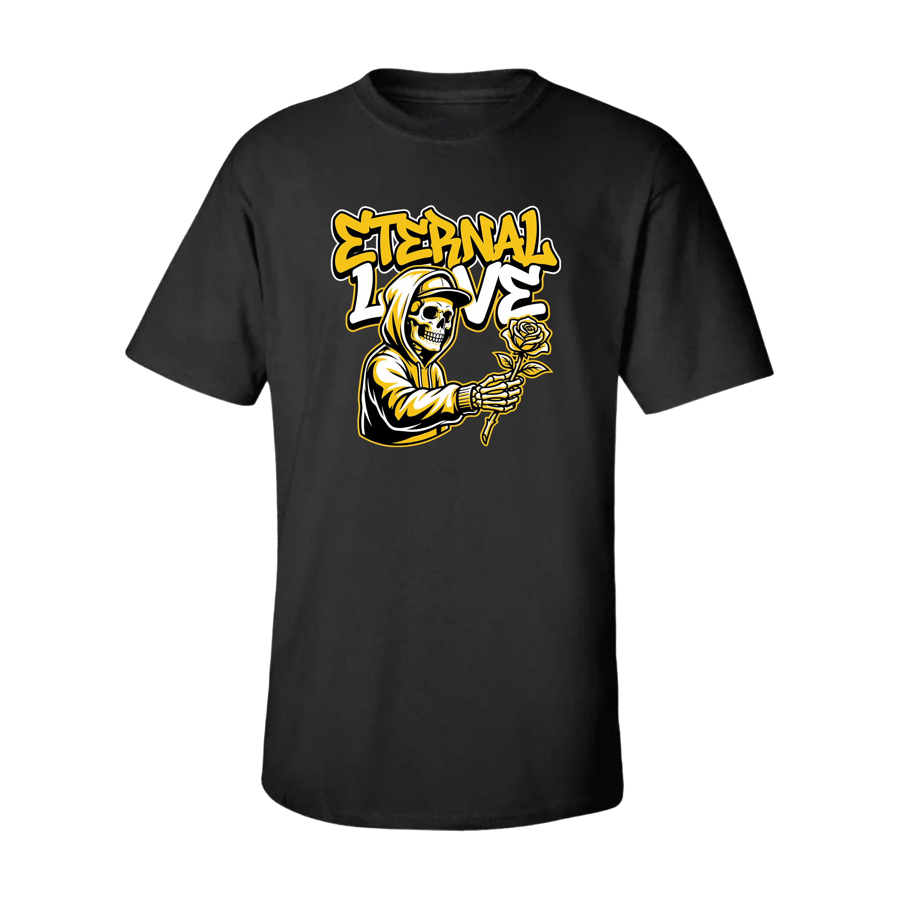 Black t-shirt with a graphic design of a skeleton holding roses and 'Eternal Love' text on a white background.